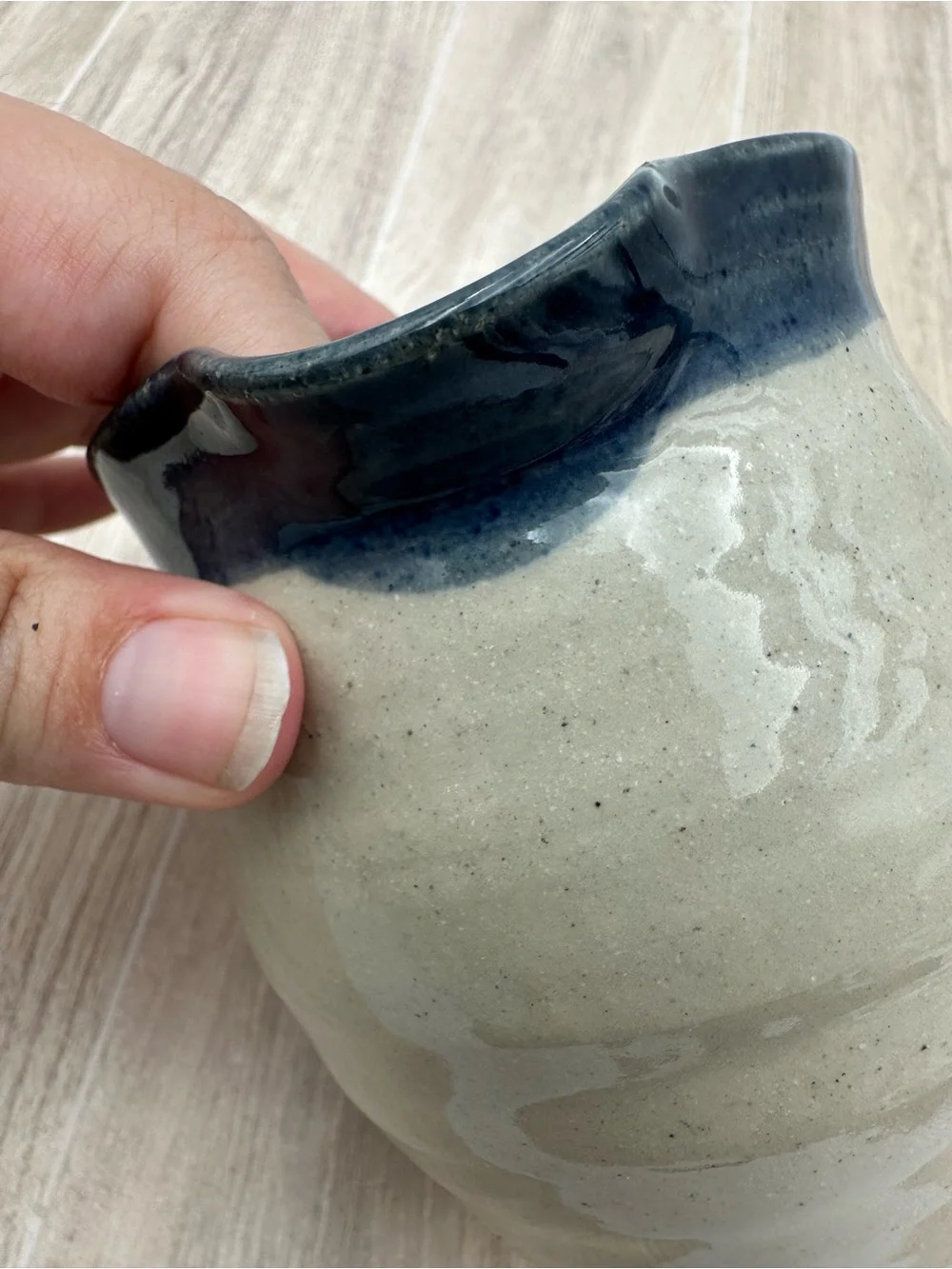 Vintage Blue & Beige Salt Glazed Creamer Handmade Stoneware Pottery Signed